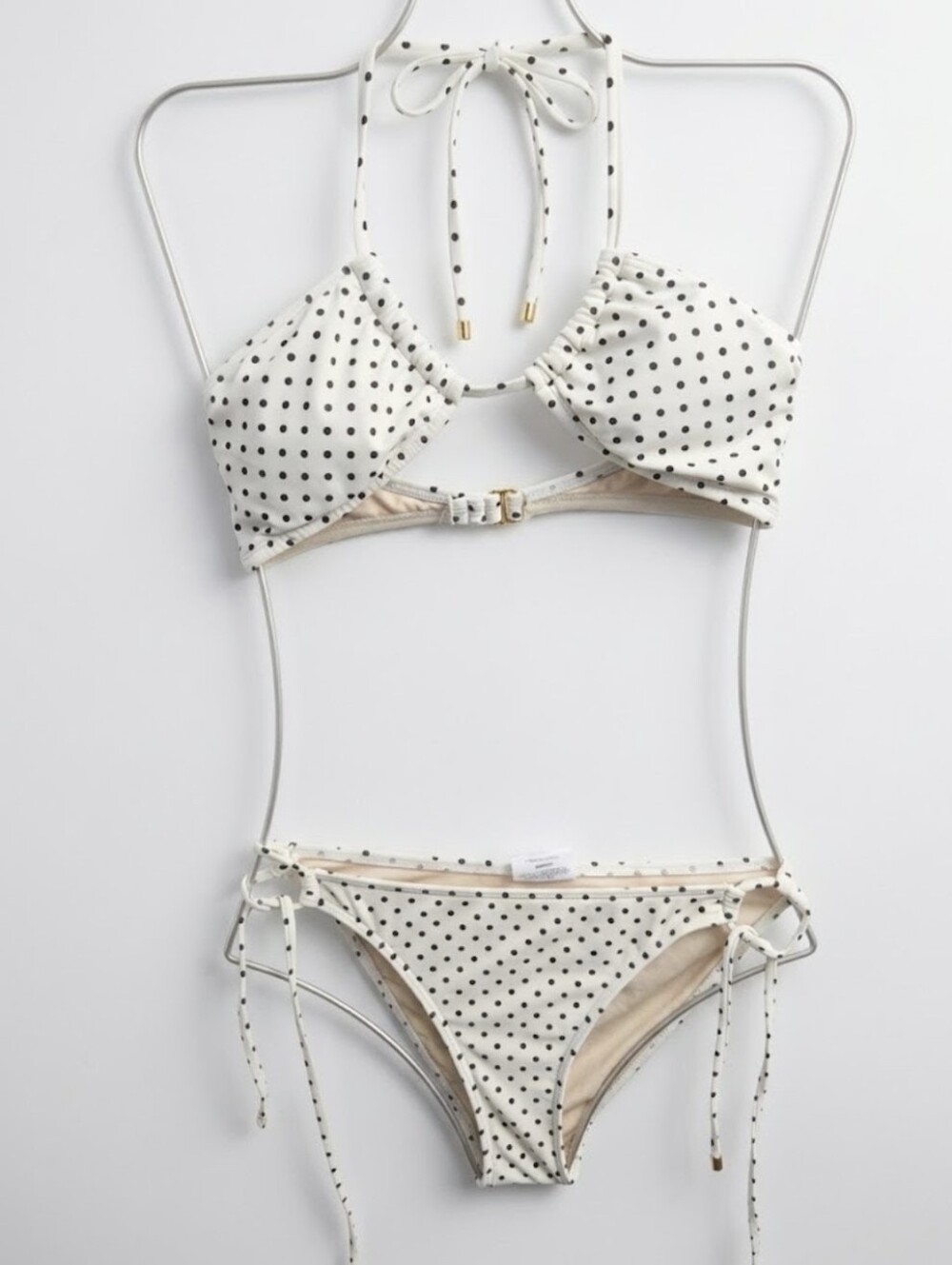 Peony Polka Dot Tie-Side Bikini Set - Cream with Black Dots